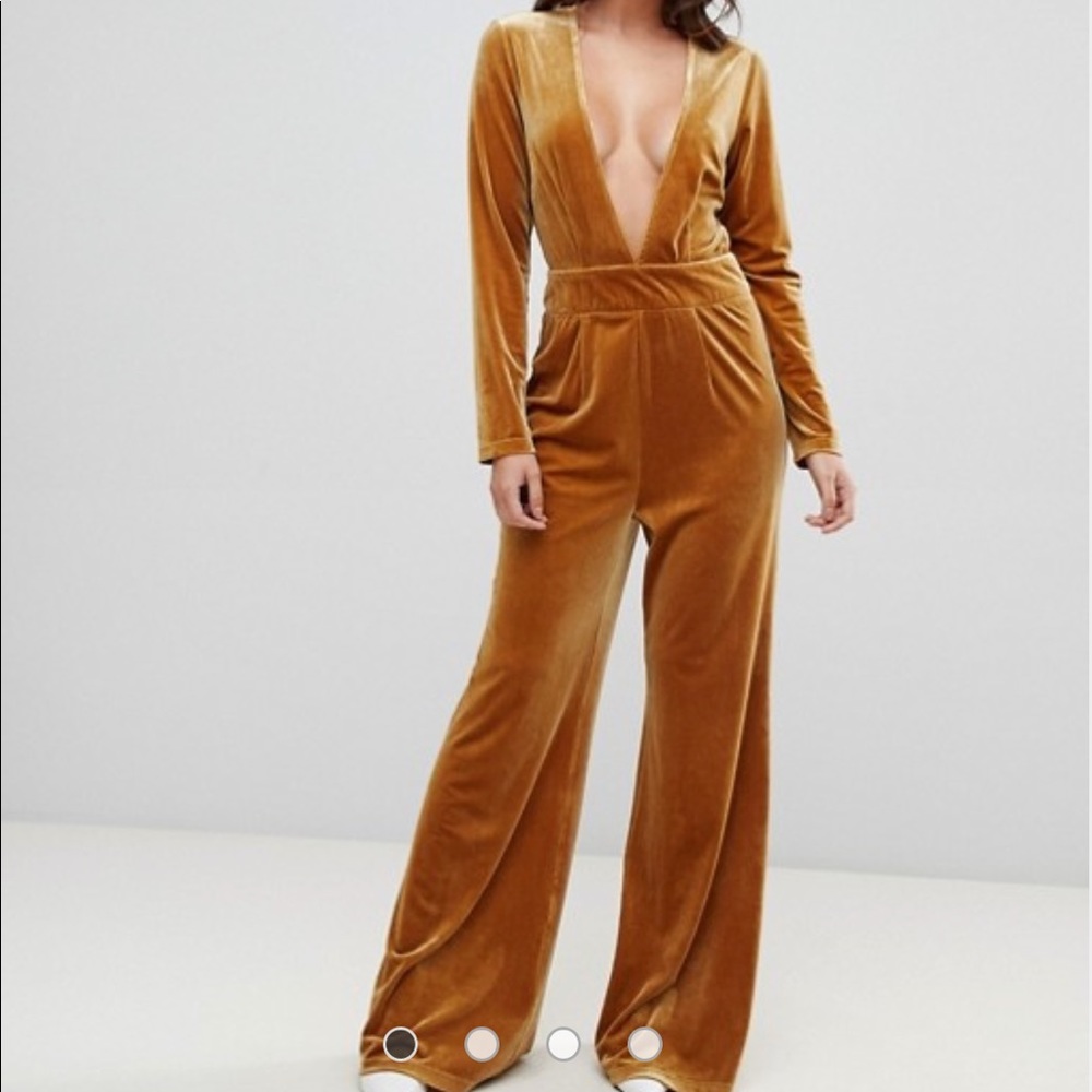 Marigold/ Mustard Velvet/ Velour Plunge Deep V-Neck JumpSuit
